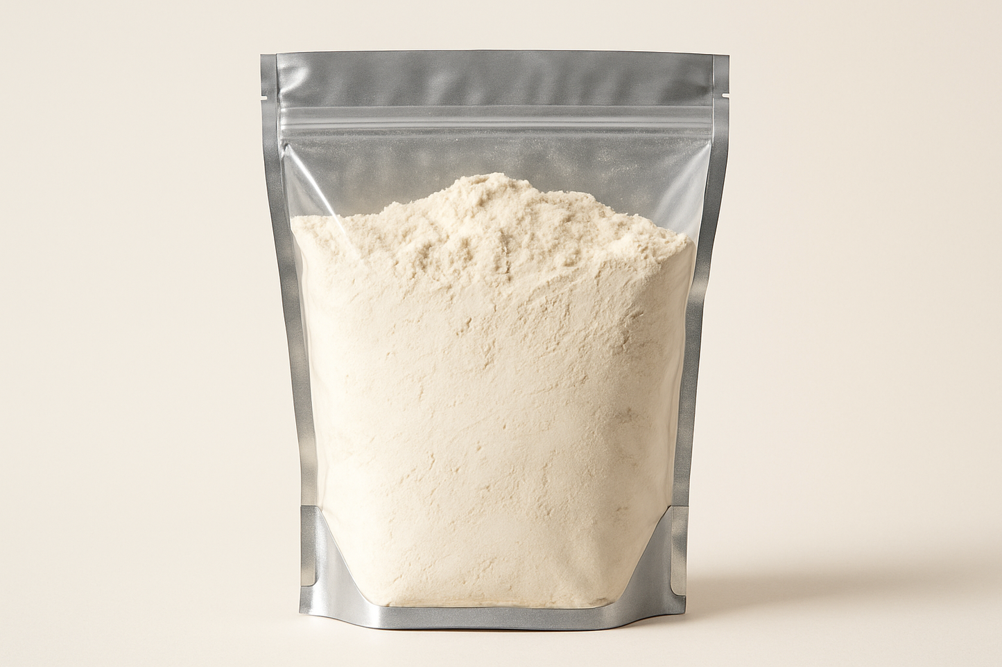 A highly realistic, front-facing product photo of a 1kg stand-up pouch made of aluminum with a fully transparent front from top to bottom, clearly showing the contents inside. The contents should be all purpose flour, packed naturally with realistic textures and lighting. The aluminum is only visible on the sides and a small portion at the bottom. The image should have soft, natural shadows and plain background (hex #faf6f1). No text, labels, or branding—just the pouch and its contents.