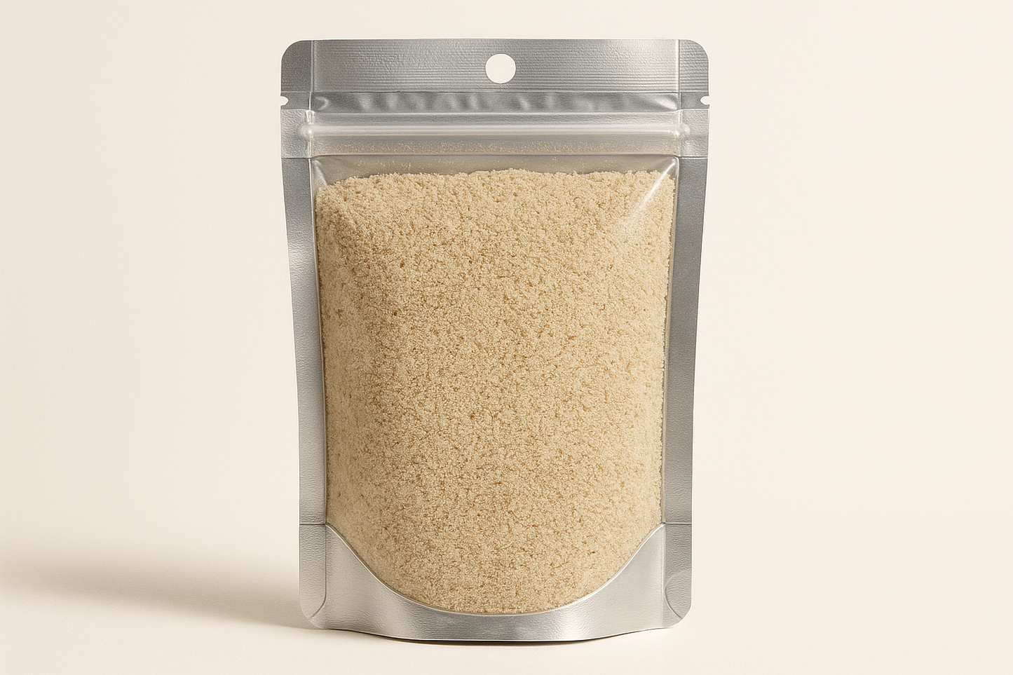  A highly realistic, front-facing product photo of a 100g hanging pouch made of aluminum with a fully transparent front from top to bottom, clearly showing the contents inside. The contents should be بهار ابيض, packed naturally with realistic textures and lighting. The aluminum is only visible on the sides and a small portion at the bottom. The image should have soft, natural shadows and plain background (hex #faf6f1). No text, labels, or branding just the pouch and its contents.
