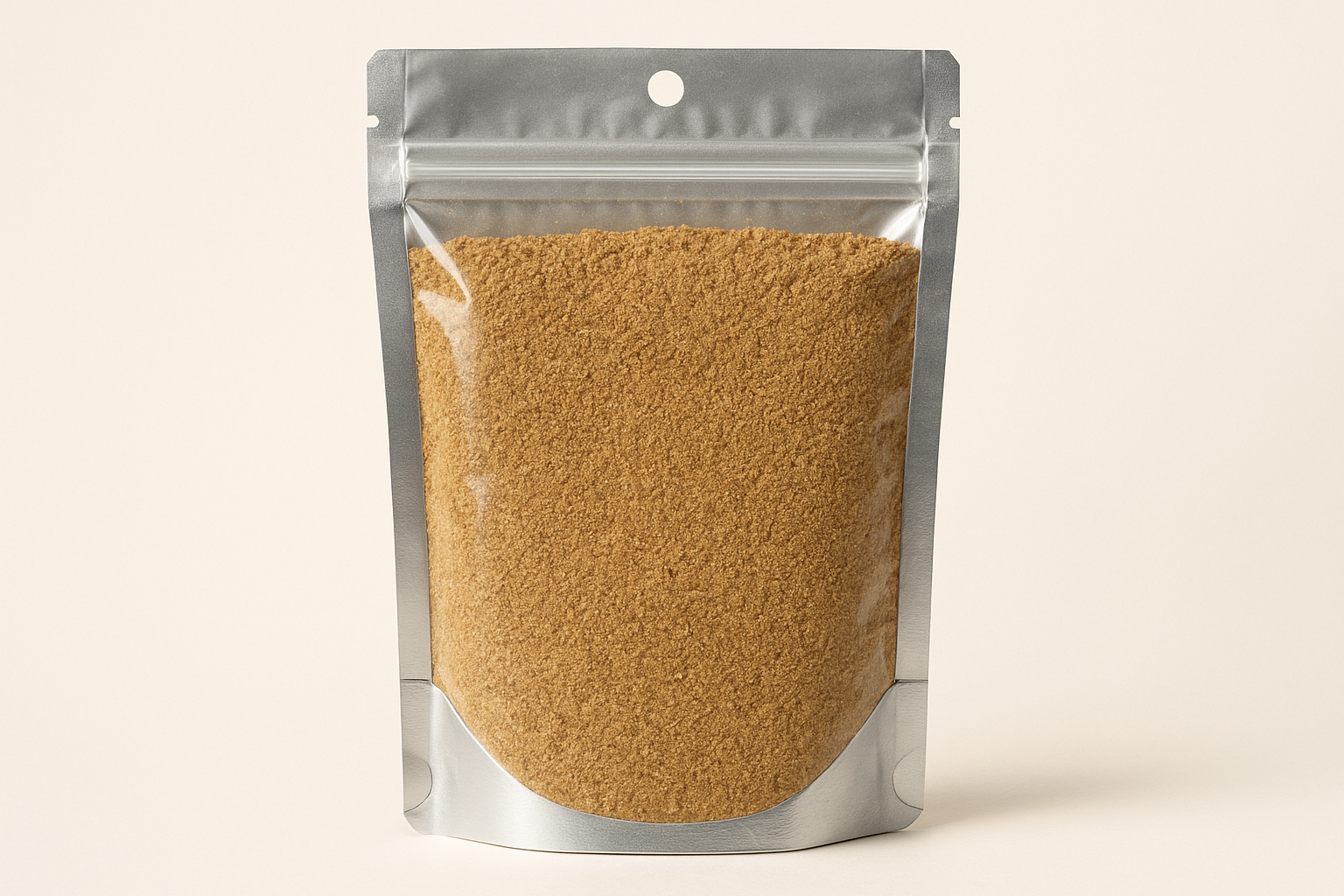  A highly realistic, front-facing product photo of a 100g hanging pouch made of aluminum with a fully transparent front from top to bottom, clearly showing the contents inside. The contents should be ground dry coriander, packed naturally with realistic textures and lighting. The aluminum is only visible on the sides and a small portion at the bottom. The image should have soft, natural shadows and plain background (hex #faf6f1). No text, labels, or branding just the pouch and its contents.