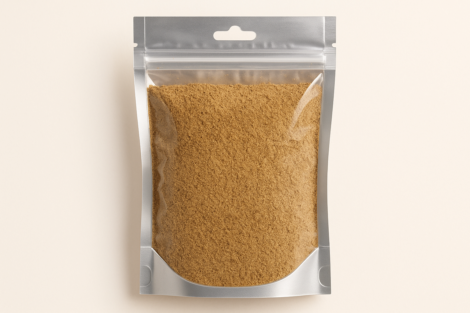  A highly realistic, front-facing product photo of a 100g hanging pouch made of aluminum with a fully transparent front from top to bottom, clearly showing the contents inside. The contents should be anis powder, packed naturally with realistic textures and lighting. The aluminum is only visible on the sides and a small portion at the bottom. The image should have soft, natural shadows and plain background (hex #faf6f1). No text, labels, or branding just the pouch and its contents.