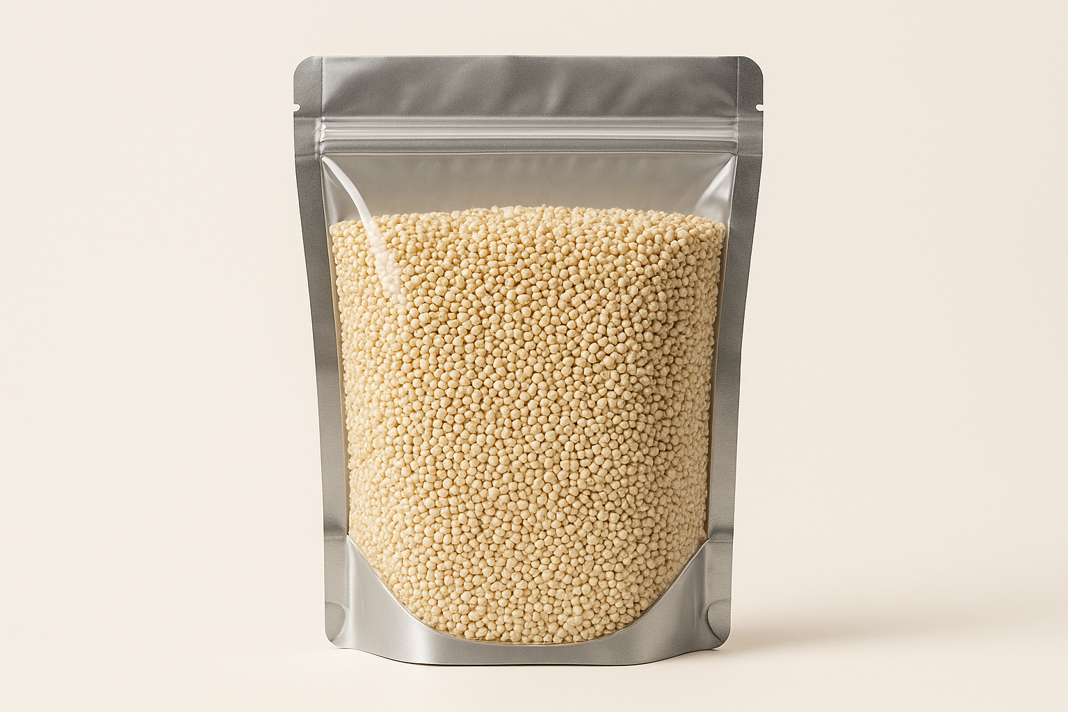 
A highly realistic, front-facing product photo of a 1kg stand-up pouch made of aluminum with a fully transparent front from top to bottom, clearly showing the contents inside. The contents should be white quinoa, packed naturally with realistic textures and lighting. The aluminum is only visible on the sides and a small portion at the bottom. The image should have soft, natural shadows and plain background (hex #faf6f1). No text, labels, or branding—just the pouch and its contents.