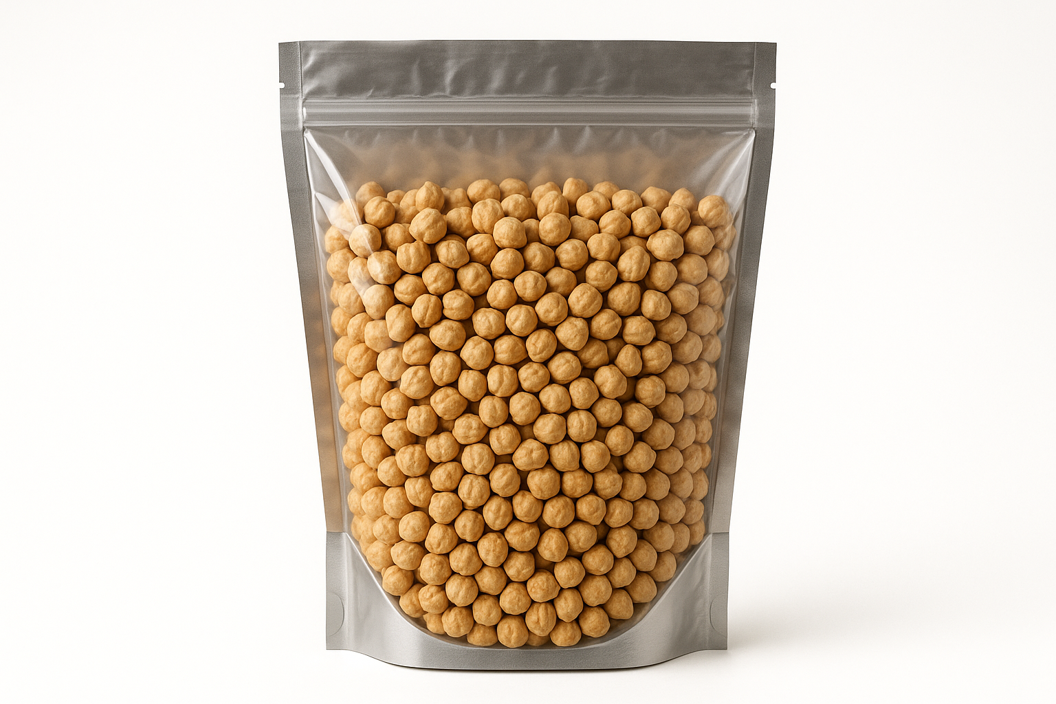 A highly realistic, front-facing product photo of a 1kg stand-up pouch made of aluminum with a fully transparent front from top to bottom, clearly showing the contents inside. The contents should be Mexican chickpeas, packed naturally with realistic textures and lighting. The aluminum is only visible on the sides and a small portion at the bottom. The image should have soft, natural shadows and no background (plain white). No text, labels, or branding—just the pouch and its contents.