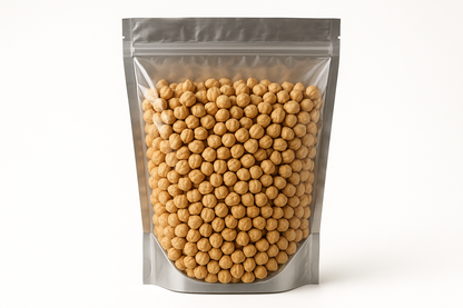 A highly realistic, front-facing product photo of a 1kg stand-up pouch made of aluminum with a fully transparent front from top to bottom, clearly showing the contents inside. The contents should be Mexican chickpeas, packed naturally with realistic textures and lighting. The aluminum is only visible on the sides and a small portion at the bottom. The image should have soft, natural shadows and no background (plain white). No text, labels, or branding—just the pouch and its contents.