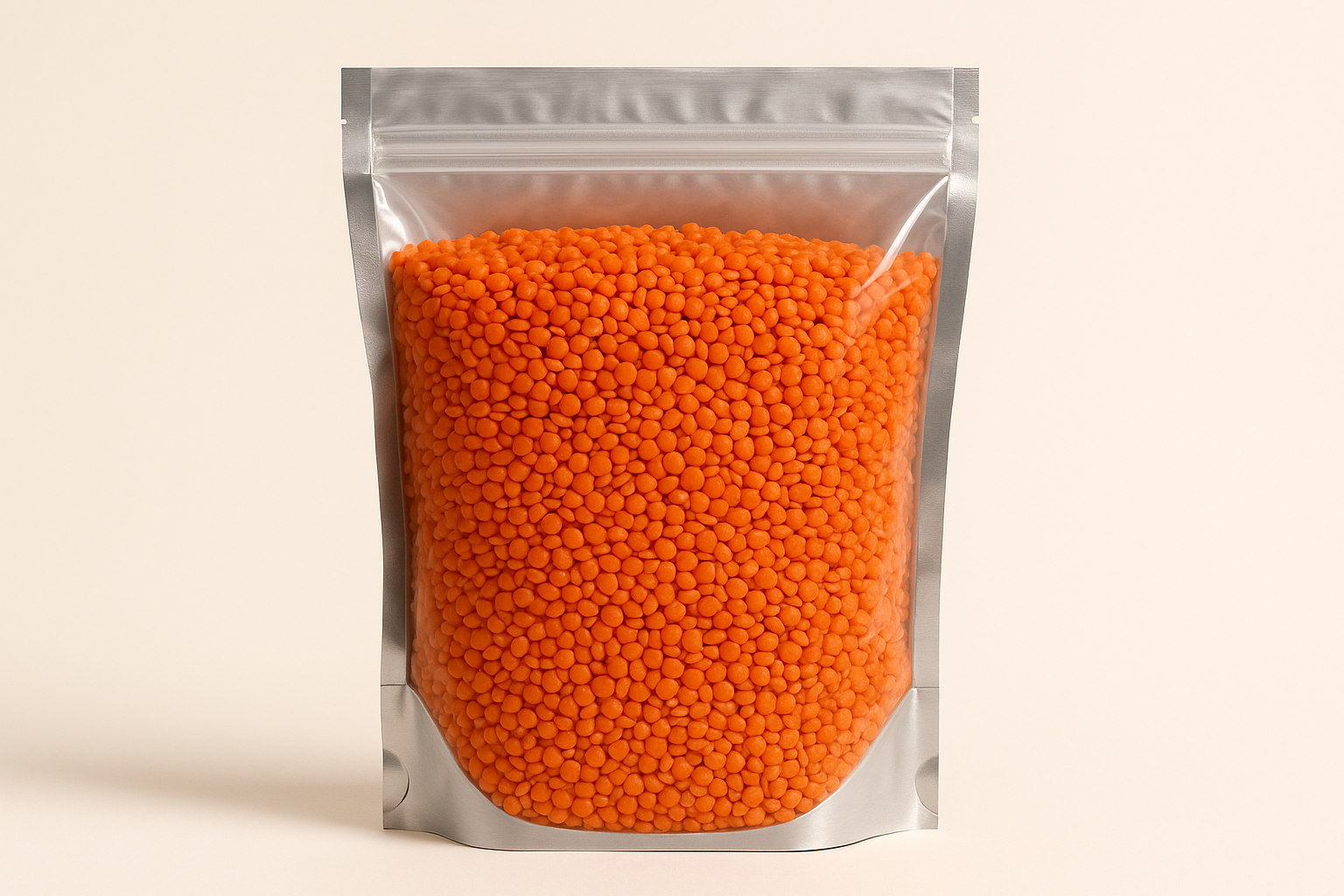 A highly realistic, front-facing product photo of a 1kg stand-up pouch made of aluminum with a fully transparent front from top to bottom, clearly showing the contents inside. The contents should be red lentils, packed naturally with realistic textures and lighting. The aluminum is only visible on the sides and a small portion at the bottom. The image should have soft, natural shadows and plain background (hex #faf6f1). No text, labels, or branding just the pouch and its contents.
