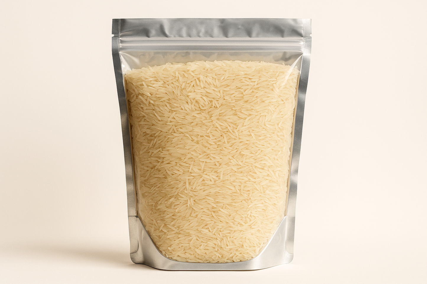 A highly realistic, front-facing product photo of a 1kg stand-up pouch made of aluminum with a fully transparent front from top to bottom, clearly showing the contents inside. The contents should be Basmati rice, packed naturally with realistic textures and lighting. The aluminum is only visible on the sides and a small portion at the bottom. The image should have soft, natural shadows and plain background (hex #faf6f1). No text, labels, or branding just the pouch and its contents.