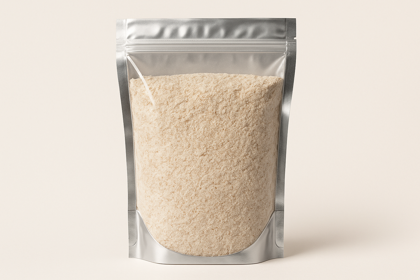 A highly realistic, front-facing product photo of a 1kg stand-up pouch made of aluminum with a fully transparent front from top to bottom, clearly showing the contents inside. The contents should be whole wheat flour, packed naturally with realistic textures and lighting. The aluminum is only visible on the sides and a small portion at the bottom. The image should have soft, natural shadows and plain background (hex #faf6f1). No text, labels, or branding just the pouch and its contents.